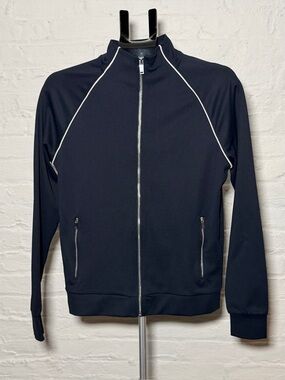 Reiss Men's Navy Blue Zip-Front Track Jacket with White Piping